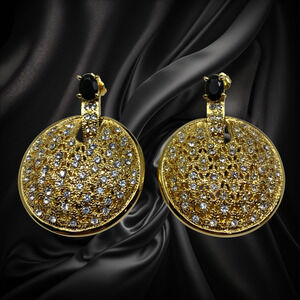 NEW Nadri Gold-Tone CZ Pavé Disc Drop Earrings Black Statement Doorknocker